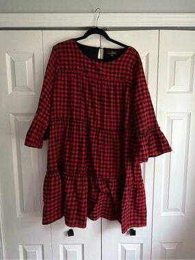 Suzanne Betro Red and Black Plaid Tiered Dress